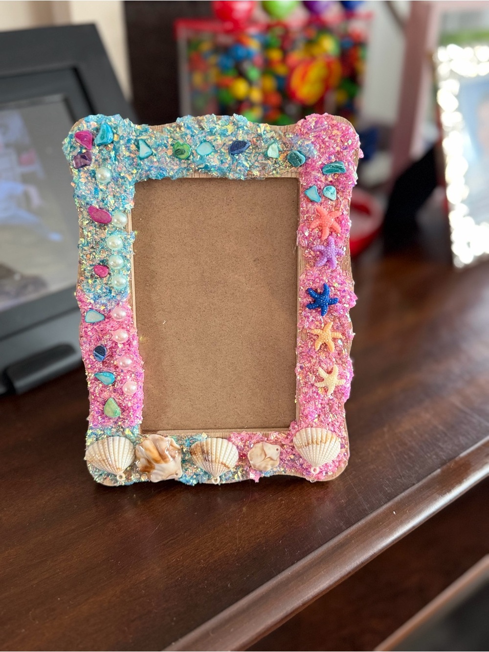 Handcrafted Pink & Blue Shell Picture Frame - Beach Decor - Picture 2 of 4